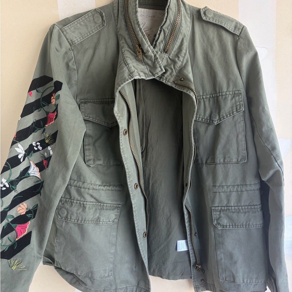 En Creme Utility Khaki Jean Jacket with Floral Embroidery